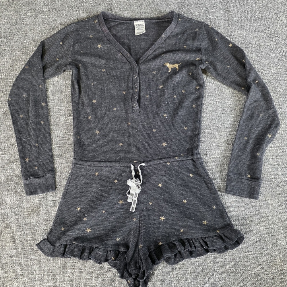 Victoria's Secret PINK Waffle Knit Romper Gray Gold Star Thermal Henley XS